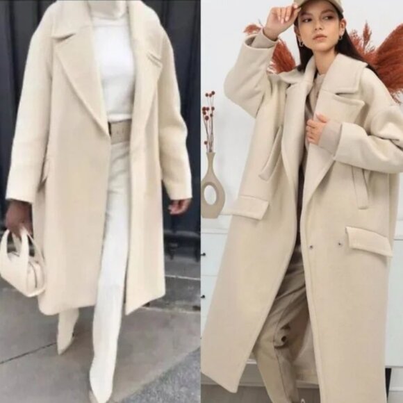NEW ZARA Cream Oversized Coat Pockets Blogger Favorite - Picture 1 of 8